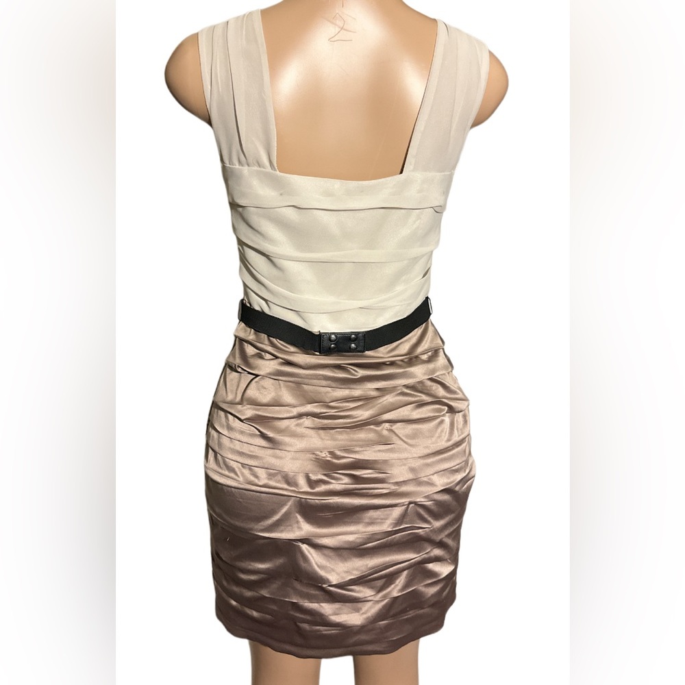 🤑SOLD🤑 Express Bodycon Dress Tan Color Block Stretch Mini Sleeveless Sexy - Picture 3 of 8